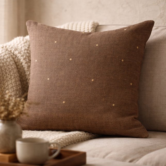 Taupe Rustic Hearth Throw Pillow (Dark taupe woven texture print with subtle gold sparks, grounded layers for warm hearth spaces)