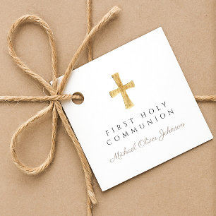 Taupe Script Cross Boy First Communion Favor Tags