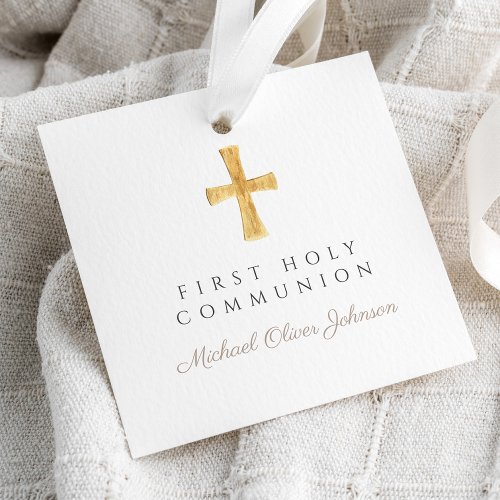 Taupe Script Cross Boy First Communion  Favor Tags