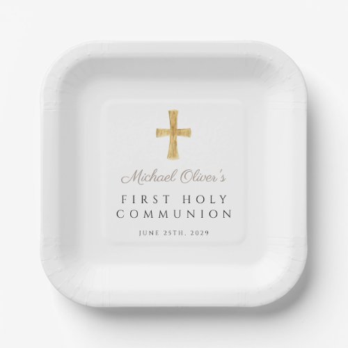 Taupe Script Cross Boy First Communion Paper Plates