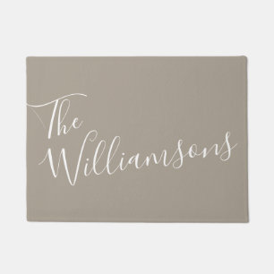 Taupe Script Family Name Personalized Welcome Doormat