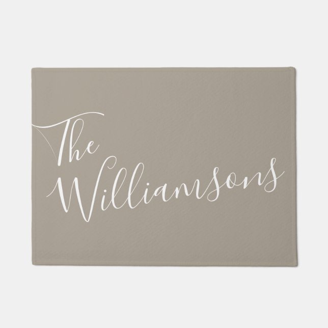 Taupe Script Family Name Personalized Welcome Doormat (Front)