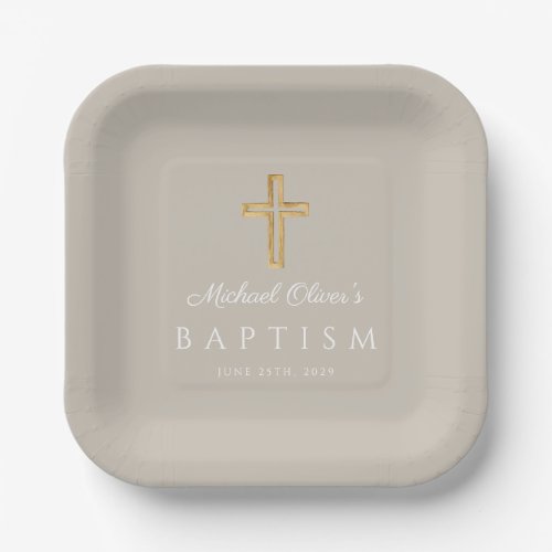 Taupe Script Religious Cross Boy Baptism Paper Plates