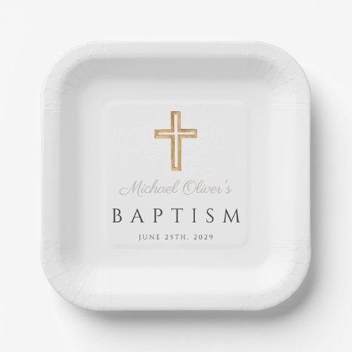 Taupe Script Religious Cross Boy Baptism Paper Plates
