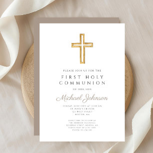 Taupe Script Religious Cross Boy First Communion Invitation