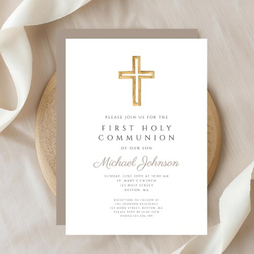 Taupe Script Religious Cross Boy First Communion Invitation