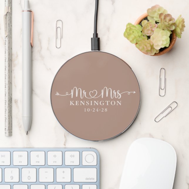Taupe Script Wedding Heart Arrows Mr Mrs Wireless Charger (Desk)