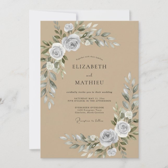 Taupe Silver Blush Rose Wedding Invitation (Front)