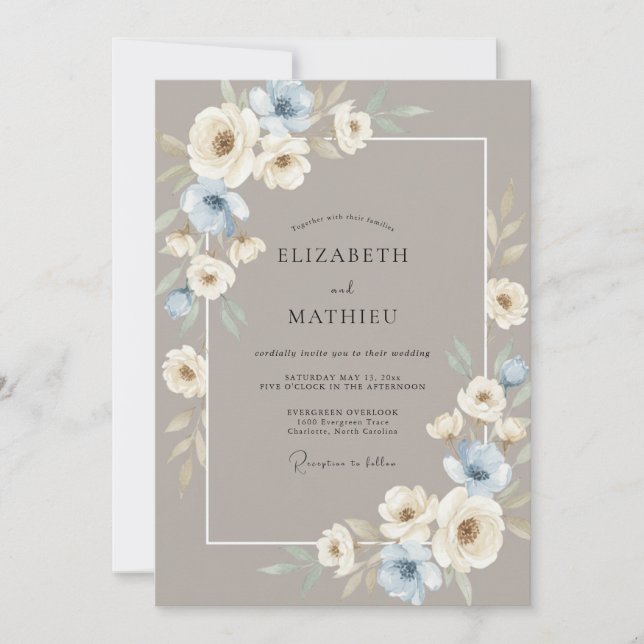Taupe Silver Peony Wedding Invitation (Front)