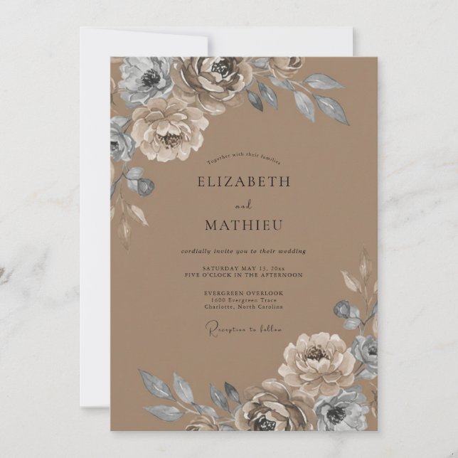 Taupe Silver Ranunculus Eucalyptus Wedding Invitation (Front)