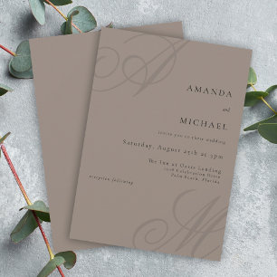 Taupe Simple Elegant Minimal Monogram Wedding Invitation