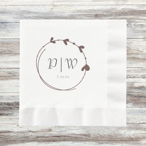 Taupe Simple Heart Wreath Initials Wedding Napkins