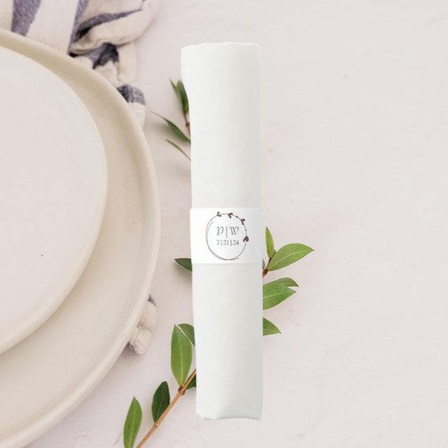 Taupe Simple Heart Wreath Monogram Wedding Napkin Bands (In Situ Table Setting)