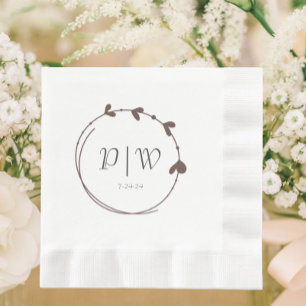 Taupe Simple Heart Wreath Monogram Wedding Napkins