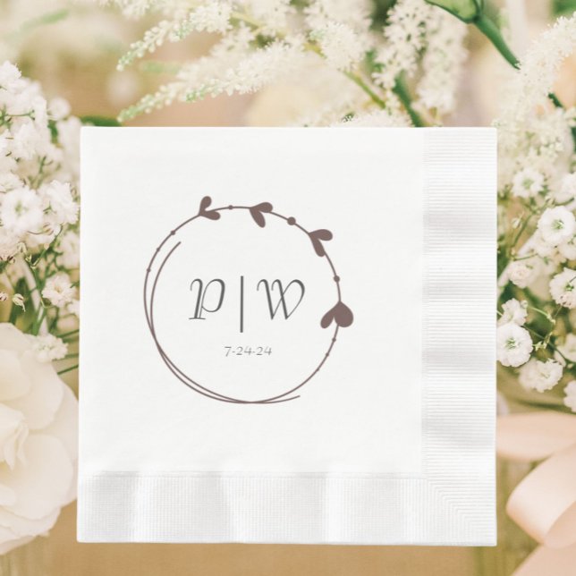 Taupe Simple Heart Wreath Monogram Wedding Napkins (In Situ Wedding)
