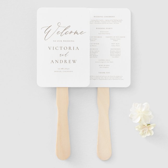 Taupe Simple Typography Formal Wedding Program Hand Fan (Front and Back)