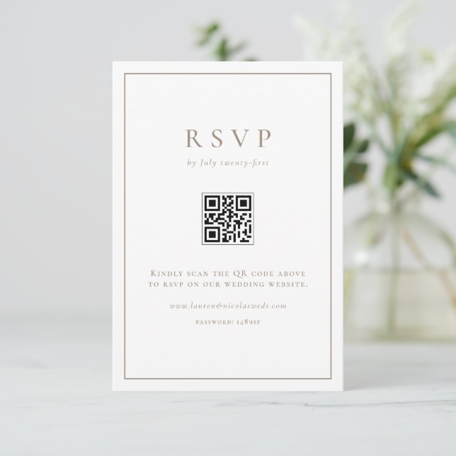 Taupe Simple Typography QR Code Formal Wedding RSVP Card (Standing Front)