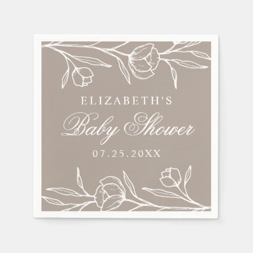 Taupe Sketched Floral Baby Shower Napkins