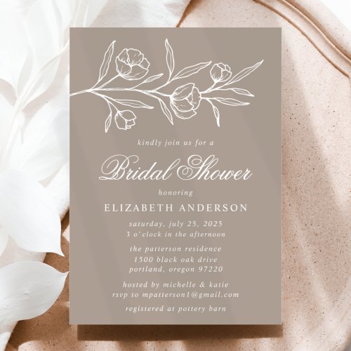 Taupe Sketched Floral Bridal Shower Invitation