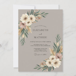 Taupe Soft Cream Pampas Eucalyptus Wedding Invitation