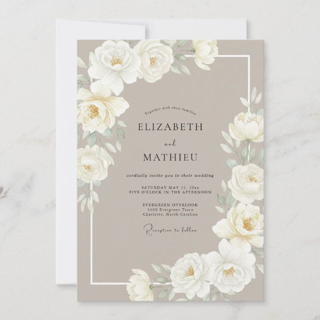 Taupe Soft White Peony Wedding Invitation (Front)