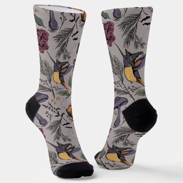 Taupe Spooky Halloween Hummingbird Garden Socks (Angled)