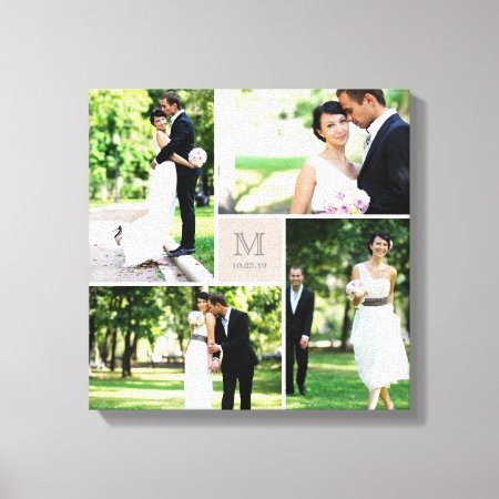 Taupe Square Grid Monogram Wedding 4 Photo Collage Canvas Print