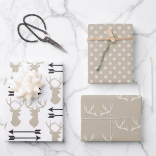 Taupe Stag heads, arrows and antlers Wrapping Paper Sheets