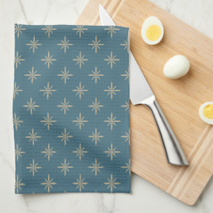 Taupe Stars on Blue Atomic Mid Century Pattern Kitchen Towel