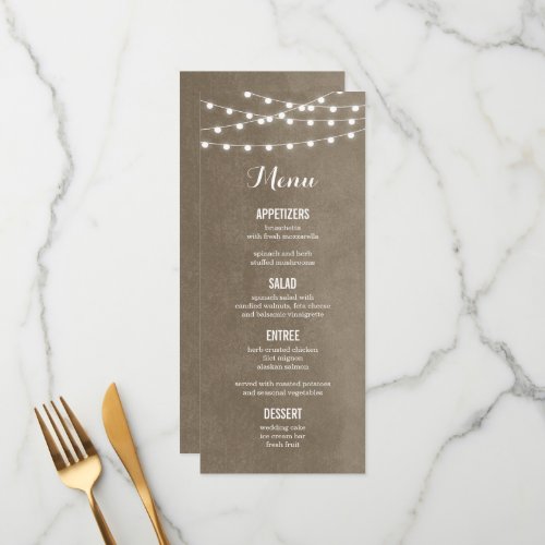 Khaki String Lights Wedding Menu Card