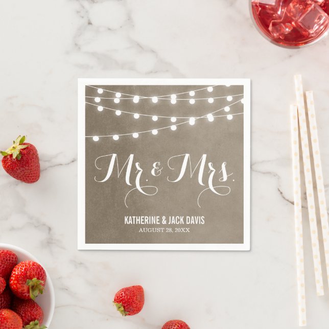 Taupe String Lights Wedding Monogram Paper Napkins (Insitu)