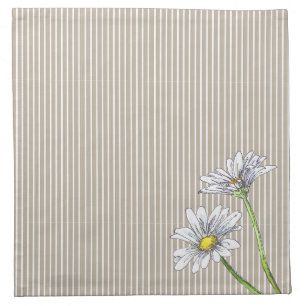 Taupe Striped Floral Watercolor Daisy Cloth Napkin