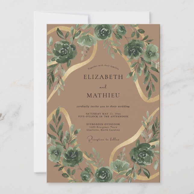 Taupe Succulent Eucalyptus Wedding Invitation (Front)