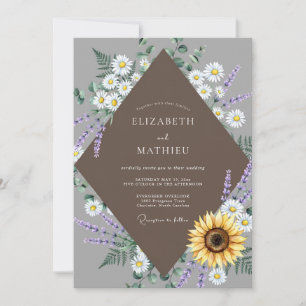 Taupe Sunflower Daisy Eucalyptus Wedding Invitation