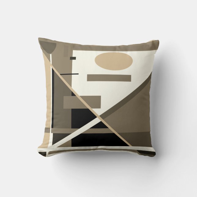 Taupe Tan Black Beige Geometric Abstract Art Motif Throw Pillow (Front)
