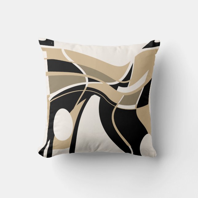 Taupe Tan Black on Off-White Swirling Art Motif Throw Pillow (Front)