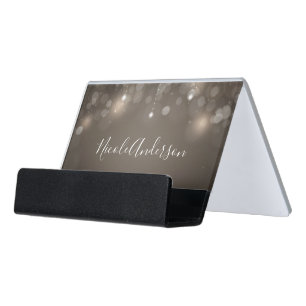 Taupe Tan Sparkle Lights Chic Elegant Trendy Desk Business Card Holder