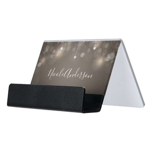 Taupe Tan Sparkle Lights Chic Elegant Trendy Desk Business Card Holder (Angled Front)