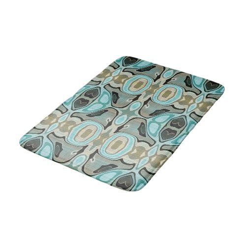 Taupe Teal Aqua Turquoise Bali Batik Pattern Bathroom Mat