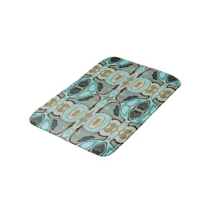 Taupe Teal Aqua Turquoise Bali Batik Pattern Bathroom Mat