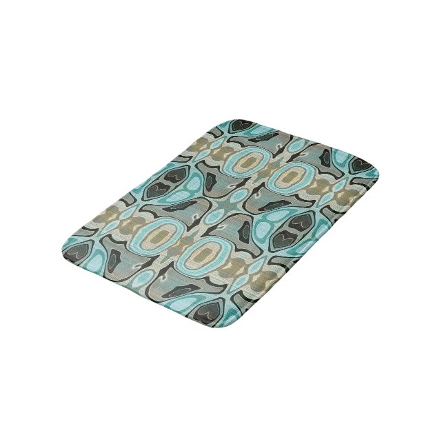 Taupe Teal Aqua Turquoise Bali Batik Pattern Bathroom Mat (Angled)