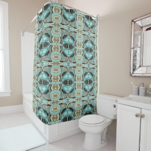 Taupe Teal Aqua Turquoise Bali Batik Pattern Shower Curtain