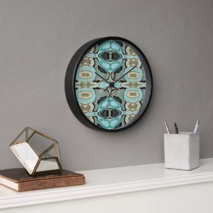 Taupe Teal Aqua Turquoise Hip Bohemian Bali Art Clock
