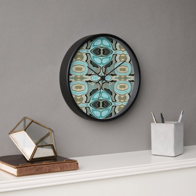 Taupe Teal Aqua Turquoise Hip Bohemian Bali Art Clock (Office)