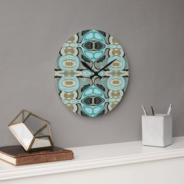 Taupe Teal Aqua Turquoise Hip Bohemian Bali Art Large Clock (Office)