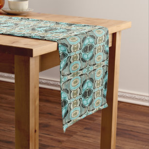Taupe Teal Aqua Turquoise Hip Bohemian Bali Art Short Table Runner
