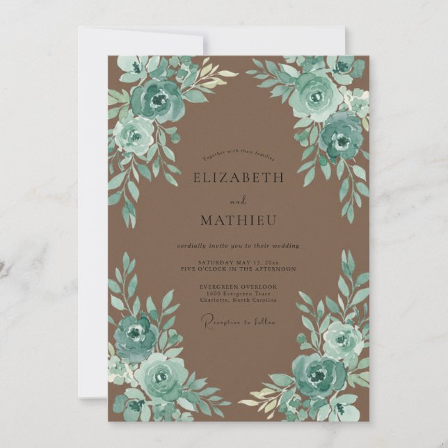 Taupe Teal Petal Wedding Invitation (Front)