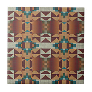 Taupe Terracotta Teal Blue Green Ethnic Tribe Art Ceramic Tile