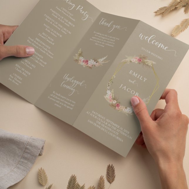 Taupe Tri-fold Boho floral wedding program Flyer (Creator Uploaded)