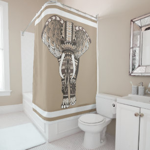 Taupe Tribal Elephant White Borders Shower Curtain